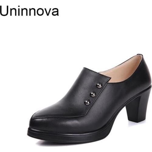 Women Shoes Genuine Leather Black Rivet Elegant Pointed Toe Platform Mid High Heels Spring Autumn Uninnova WP095