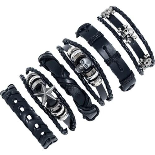6pcs/IF ME Vintage Leaf Feather Multilayer Leather Bracelet Men Fashion Braided Handmade Star Rope Wrap Bracelets & Bangles Male