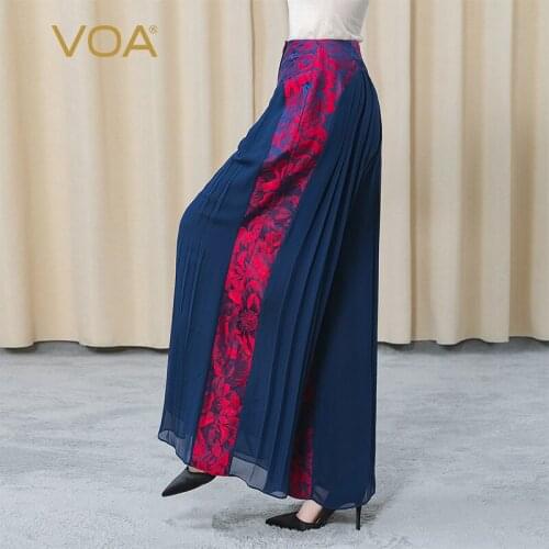VOA Heavy Silk Yarn-dyed Jacquard Red Peony Pattern Stitching Double-layer Design Straight Casual Trousers KE329 Woman Pants