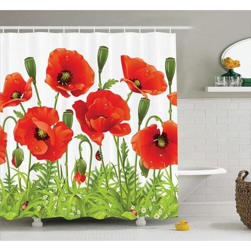 Polyester Fabric Bathroom Shower Curtain Ladybugs Decorations Horizontal with Poppy Flower Bud Poppies Chamomile Wildflowers