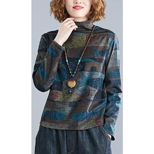 Vintage Floral Women T-Shirts Turtleneck Long-Sleeved Loose Thicken Warm Female Lady Buttoming Shirts Pulls Tops
