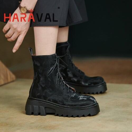 HARAVAL Women Ankle Boots Shoes Thick Bottom Cross-Tied Round Toe Elegant Lace Up Elegant Fashion Shoes Women Boot FootwearE435L