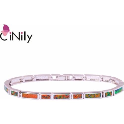 CiNily Created Orange Fire Opal Silver Plated Wholesale Square-Shape for Women Jewelry Engagement Chain Bracelet 7 7/8" OS395