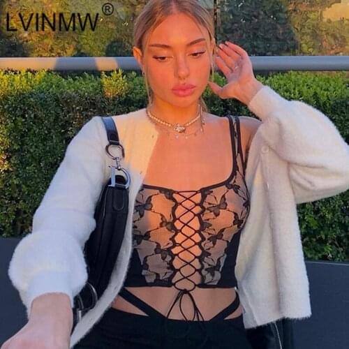 LVINMW Square Collar Sleeveless Skinny Patchwork Butterfly Printed Crop Top Hollow Out Lace Up Slim Fashion Sexy Tank Tops Women