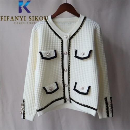 White Knitted Sweater Jacket Women 2021 New V-Neck Fashion Spliced Cardigans Knit Coat Ladies Autumn Loose Short Sweaters