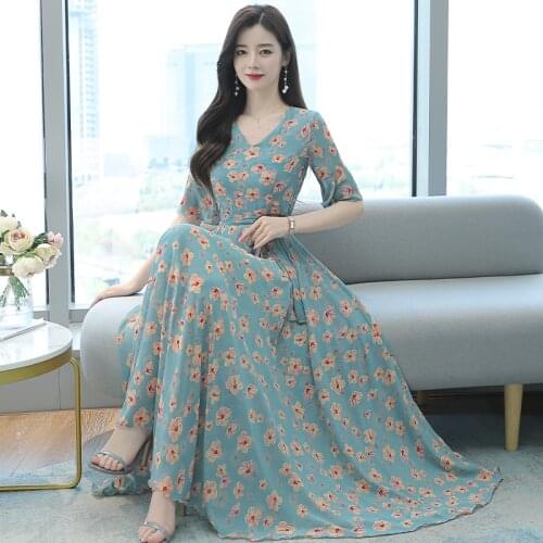 Plus Size Womens Dress 2021Summer New Fashion Boho Dress Lady V Neck Short Sleeve Floral Print Belt Beach Long Dress Elegant