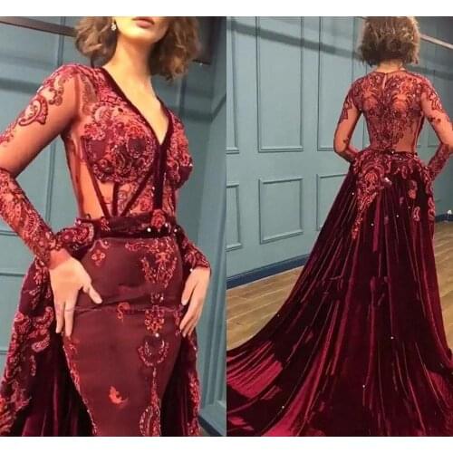 2021 Designer Burgundy Prom Dresses V Neck Illusion Bodice Overskirt Velvet Evening Party Gowns Long Sleeves Sequins Formal Wear