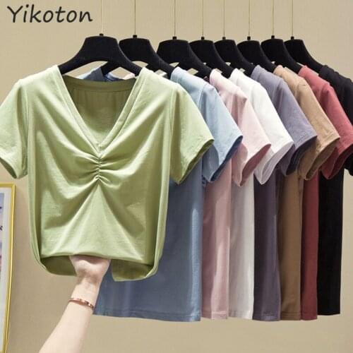 2021 New Summer Women Tshirt Cotton Solid White Short Sleeve Casual Tops V-neck Female Slim Tee Shirt plus size T-shirt t shir