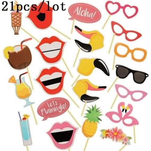 21 Pieces Flamingo Tropical Summer Hen Photo Booth Props Hawaii Carnival Party Decoration Photobooth Birthday Supplies