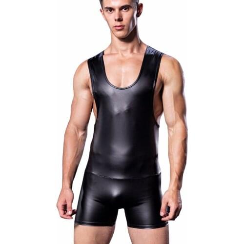 Sexy Men Sexy PU Leathe Bodybuilding Gay Penis Pouch Jumpsuit Casual Shaper Underwear Shapewear Male Bodybuilding Tank Tops