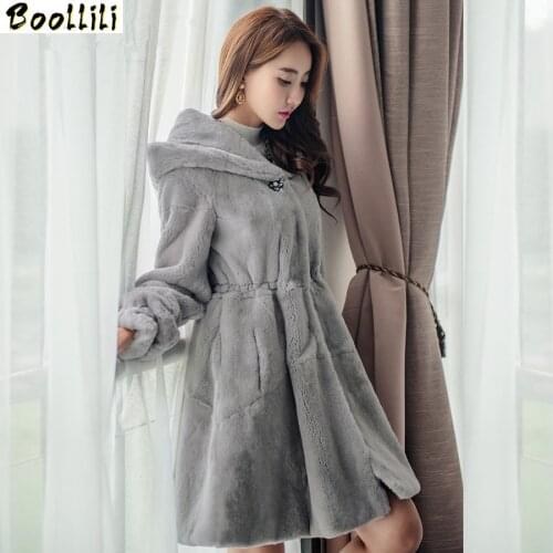Boollili Natural Rex Rabbit Fur Coat Hooded Slim Long Winter Warm Jackets For Women Real Fur Coat Outerwear Plus Size 5XL