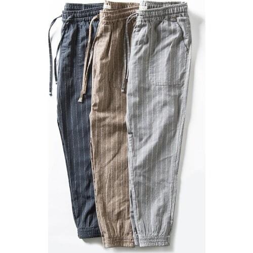Cotton Linen Pants Men Lightweight Summer Mens Drawstring Waist Pant Elastic Relaxed-Fit Casual Beach Trousers 2021 Navy Blue
