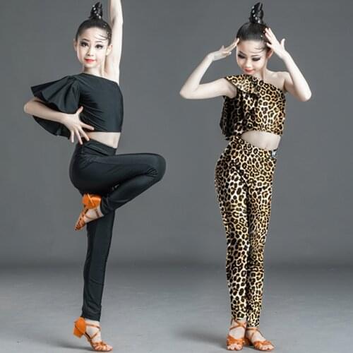Child Girls Latin Dance Dress Tops Pants Set Leopard Print Performance Competition Costume Latin Kids Dress Customized VDB1956
