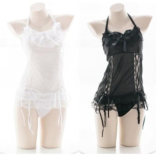 Womens Sexy Lace Hollow out Cross Bandage Bow Halter Underwear Set Soft Girl Slim Thin Pajamas With T-back Lingerie Set lolita