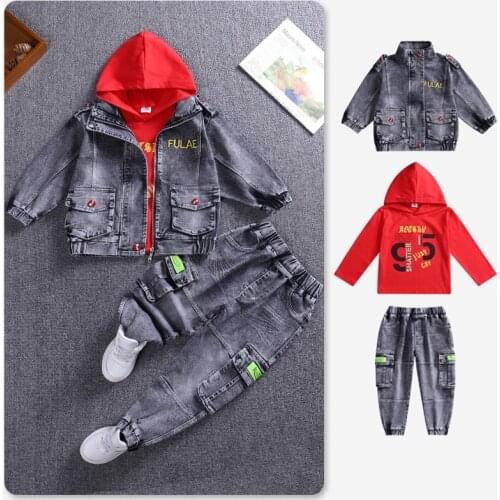 IENENS Kids Denim Clothes Sets Baby Boys Girls Clothing 3PC Denim Jacket + Hoodies + Jeans Outfits Suits Child Uniform 2-9 Years