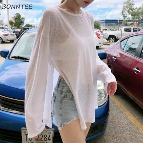 T-shirts Women Summer Side-slit Oversize Long Sleeve Cozy Thin Korean Style Sun-protection Sexy All-match Students Prevalent New