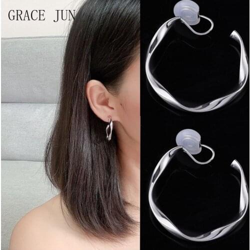 GRACE JUN 2021 Fashion C Shape Hoop Clip on Earrings No Pierced for Women Party Wedding Luxury Fashion Geometric Circle Ear Clip