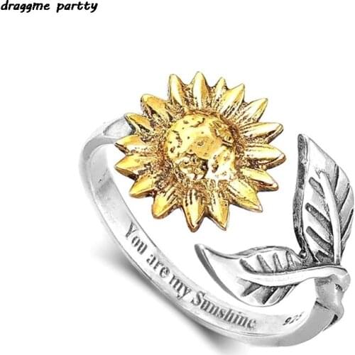 New Two Tones Sunflower Opening Rings Fine Wedding Party Jewelry Gift For Men Women