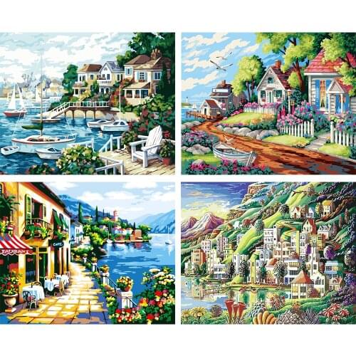 Painting By Numbers DIY Landscape Seaside Town Wall Art Unframed Ocean Oil Paint For Adults Home Decoration 50x40cm