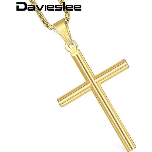 Davieslee Mens Chain Cross Pendant Necklace Stainless Steel Box Link Gold Silver Color LKPM139