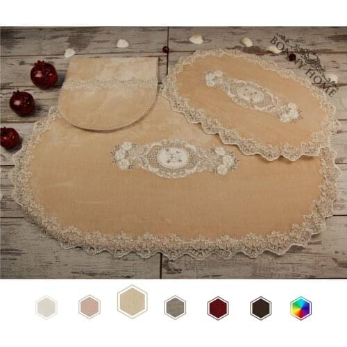 Bonny Home Lisa Beige 3 Pieces Plush Bath Mat Non Slip Leather Based Machine Washable Lacy Rug Set