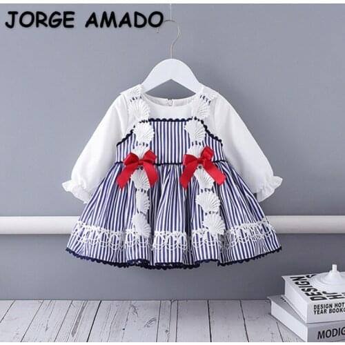 2021 New Autumn Girls Party Dresses Blue Striped Long Sleeves Lace Bow Princess Dress for Children Formal Piano Perform E5600