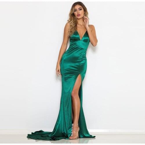 V Neck Backless Green Split Front Maxi Dresses Open Back Evening Party Dresses Elegant Satin Floor Length Long Mermaid Dresses