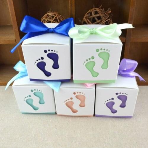 50pcs Footprint Gift Box Footmark Birthday Party Baby Shower Favor Candy Box with Ribbon Decoration Wedding Party Event Supplies