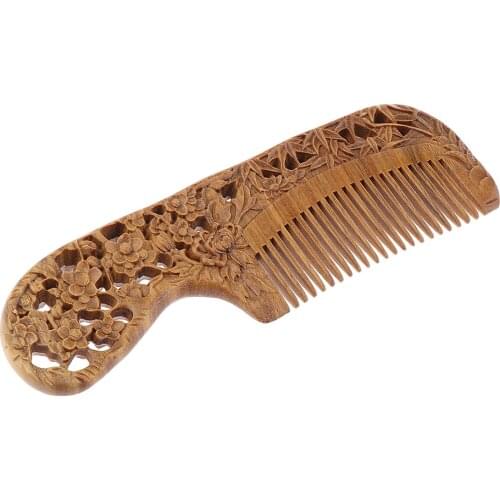Hand Carved Sandalwood Wooden Beard and Hair Comb With Handle Handmade Natural Anti-Static No Snag Scalp Massage
