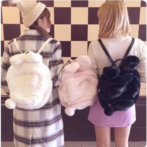 New Women Girls Harajuku Lolita Japan Style Backpack Rabbit Bunny Ear Soft Plush Bag Doll Student Book Bag Pink Black