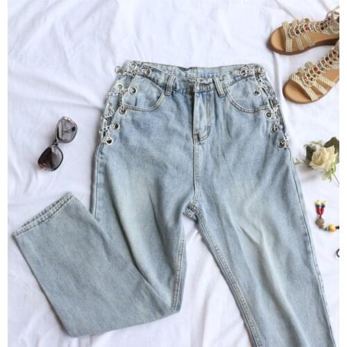 Echoine Sexy Side Chain Hollow Out Denim Pants Long Trousers Blue Jeans