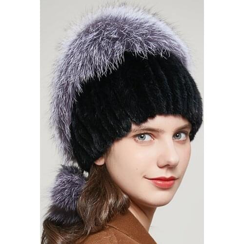 JKP winter womens fur hats real mink fox fur knitted women hats fashion rhinestone heart-shaped with ball Russian warm beanie