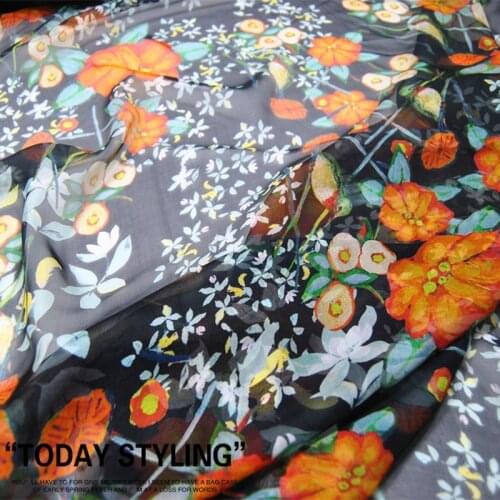 Silk Chiffon Fabric Dress Large Wide Small Flower Yellow Pattern Bird Real 100% clothing Cloth DIY Sewing Tissue