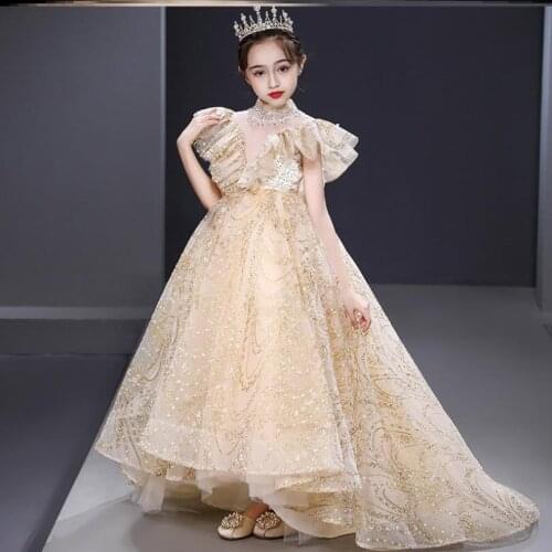 High-End Sequines Children Trailing Evening Gown Wedding Birthday Party Princess Kids Piano Host Dress For Girls L733