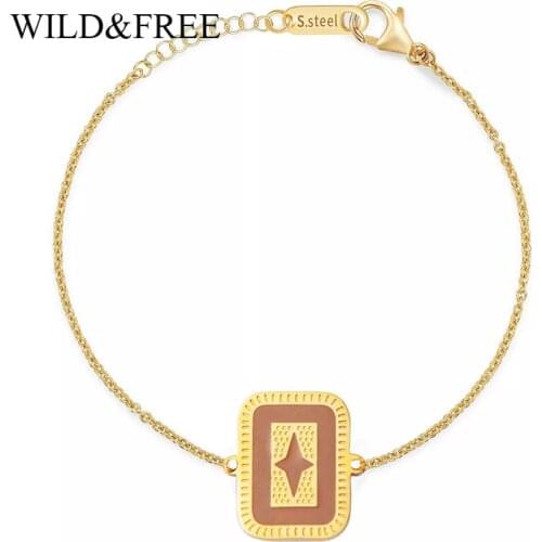 Wild & Free Gold Square Chain Bracelets For Women Vintage Dark Pink Enamel Leaf Shape Stainless Steel Bracelets Jewelry Gift