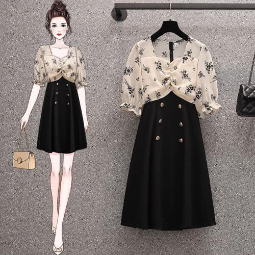 Plus size womens fat sister summer skirt female foreign style covering belly was thin stitching fake two-piece dress tide