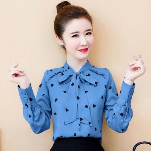 Women Spring Autumn Style Chiffon Blouses Shirts Lady Casual Bow Tie Collar Heart Printed Blusas Tops ZZ0272
