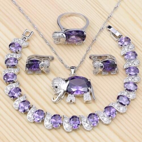 Animal Shape 925 Silver Jewelry Sets For Women Purple Cubic Zirconia White Crystal Ring Bracelet Necklace Pendant Earrings