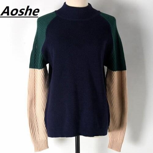 Aoshe Sweater For Women New Designer Jumper Winter Color Black Patchwork Half Turtleneck Knitted Sweaters Casual Pullover