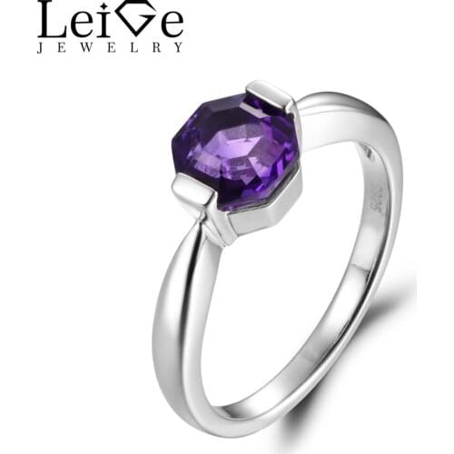 Leige Jewelry Natural Amethyst Gemstone February Birthstone Octagon Cut Anniversary Solitaire Ring For Woman 925 Sterling Silver
