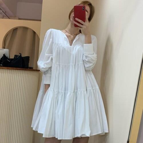 Women Korean Chic Lantern Sleeve V-neck Dresses Ladies Minimalism Casual Loose Dress