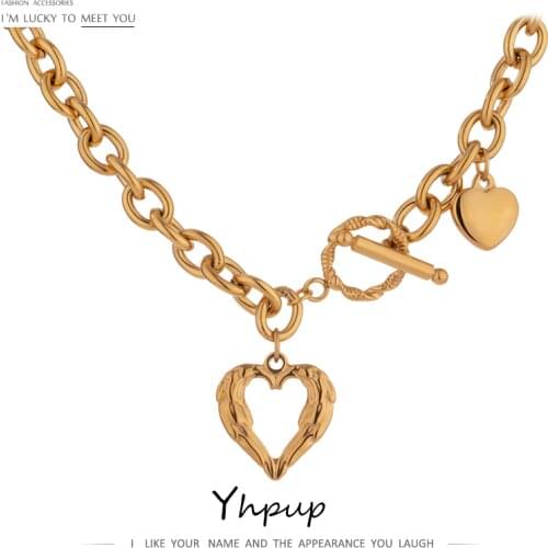 Yhpup Gold Stainless Steel Heart Collares Statement Metal Texture Geometric Chain Collar Necklace for Women Anniversary Gift New