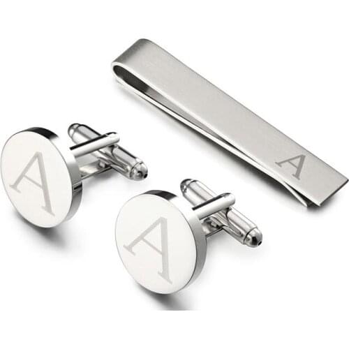 10sets/lot Silver Laser Letter A Cufflinks+Tie Clip Set Business Style Cuff Links&Tie Pin Bar Sets Simple Fashion Men Jewelry