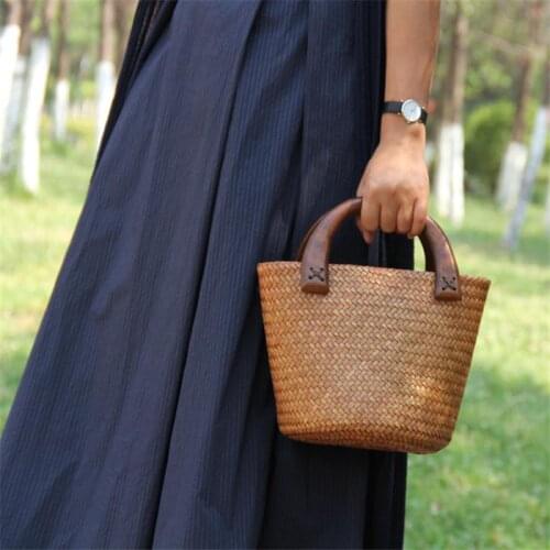 26x18CM Thailand Straw Bag Rattan Straw Bag Handbag Mini Retro Vacation Women Small Bucket New Style a6103
