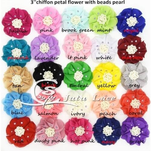 60 pcs / lot , 3'' Chiffon flowers Pearl Center Flat Back Accessory Shoe Pearl headwear chiffon flower