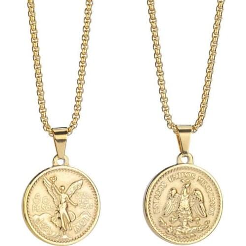 Stainless Steel Hip Hop Gold 50 Pesos Coin Pendant Necklace Fashion Women Delicate Religious Necklaces Gift For Him with Chain