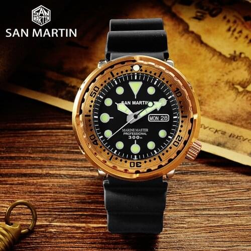 San Martin Tuna Bronze Watch Men Automatic Mechanical Wristwatches Vintage Sapphire Luminous 30Bar Rubber Strap Diver Watch