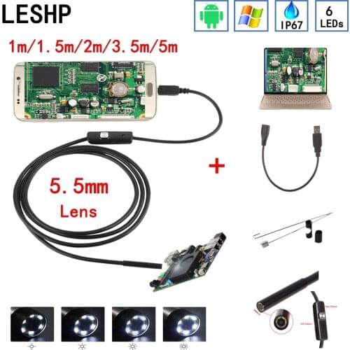 6 LED 1/1.5/2/3.5/5M 5.5mm Endoscope Camera HD USB Endoscope With Soft Cable Waterproof Inspection Borescope for Android PC