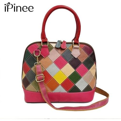 IPinee Women 100% Real Leather Top-handle Bags Ladies Fashion Colorful Patchwork Crossbody Handbags Female Shoulder Bag
