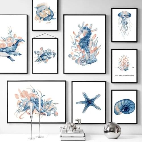 Marine Life Canvas Painting Whale Shark Starfish Jellyfish Conch Nordic Posters and Prints Wall Art Pictures for Kids Room Decor